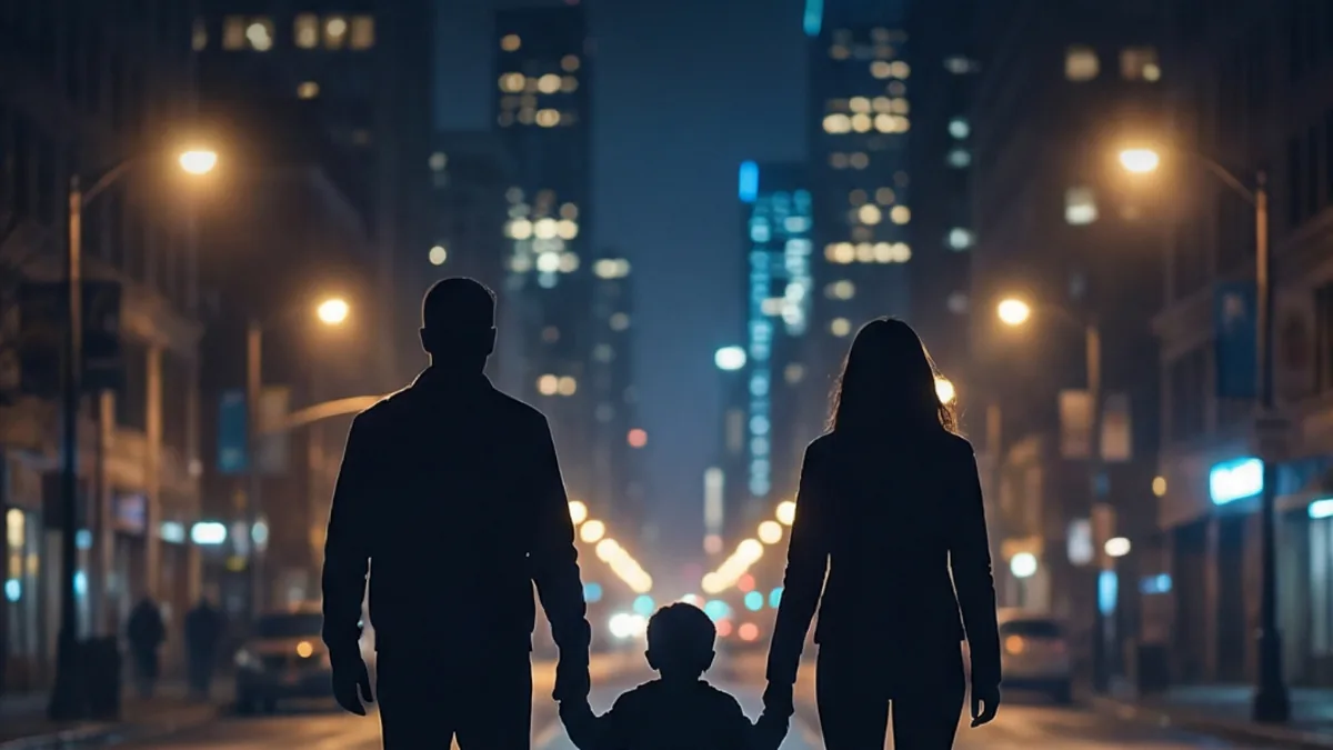 Família caminhando à noite, imagem do projeto Não Seja o Alvo